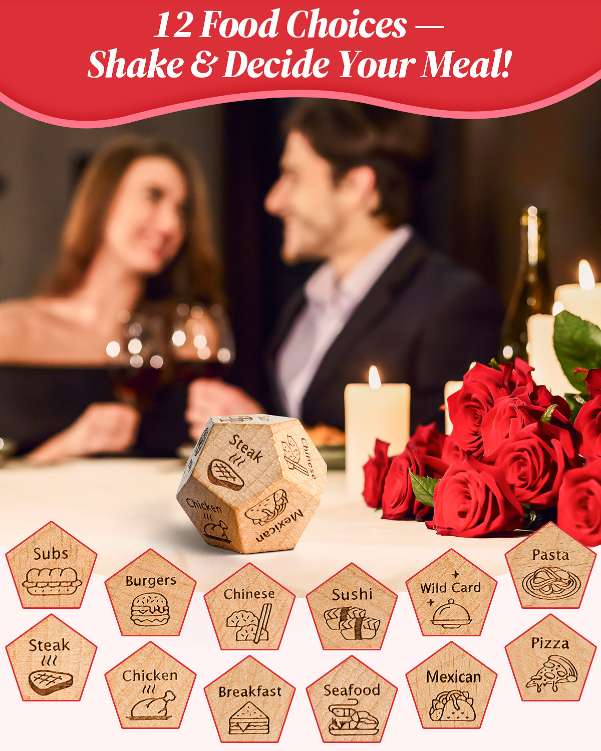 Valentines Day Gifts for Him Her, Anniversary Gifts for Men Women,Date Night Food Dice,Funny Gag Gifts for Couples,  Birthday Wedding Easter& White Elephant Gifts