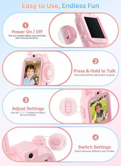 Video Walkie Talkies for Kids,2 Pack Rechargeable Long Range Facetime Walkie Talkies for Boys Girls Ages 3-12,Toddler Toys for Family Games,Kid Gifts for Indoor Outdoor Camping Hiking Adventure