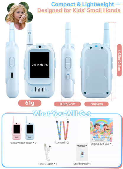 Video Walkie Talkies for Kids,2 Pack Rechargeable Long Range Facetime Walkie Talkies for Boys Girls Ages 3-12,Toddler Toys for Family Games,Kid Gifts for Indoor Outdoor Camping Hiking Adventure